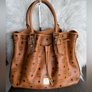MCM Cognac Visetos Drawstring Shoulder Bag